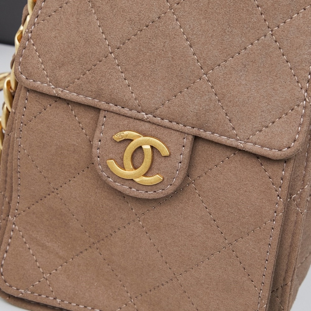 CHANEL Quilted Taupe Suede Mini Bag with Gold CC Hardware